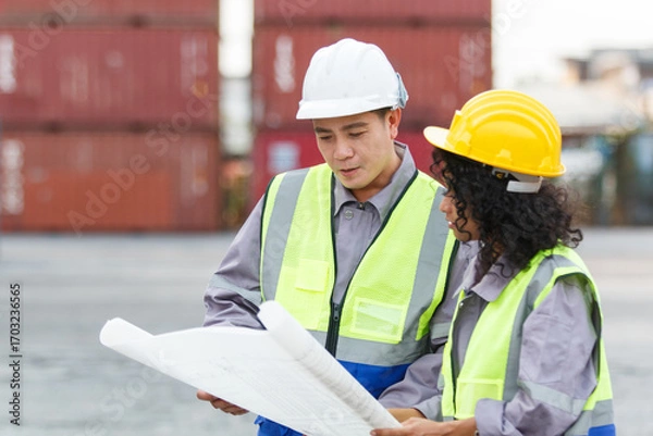 Fototapeta Container yard workers inspecting cargo containers together