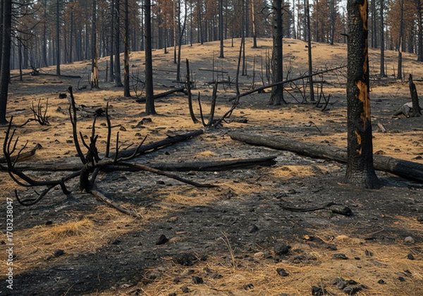 Fototapeta Burned forest landscape after wildfire with charred trees and dry grass