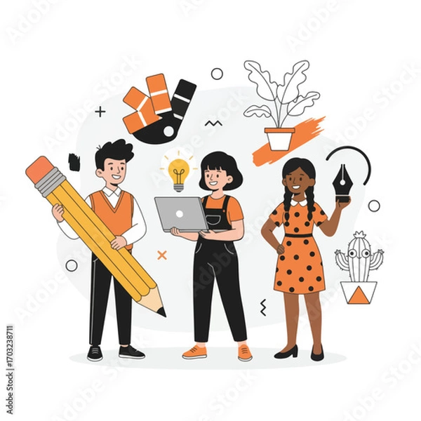 Fototapeta Creative team working on design project isolated on white background