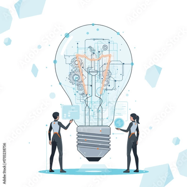 Fototapeta Illustration of a lightbulb with gears and people isolated on white background