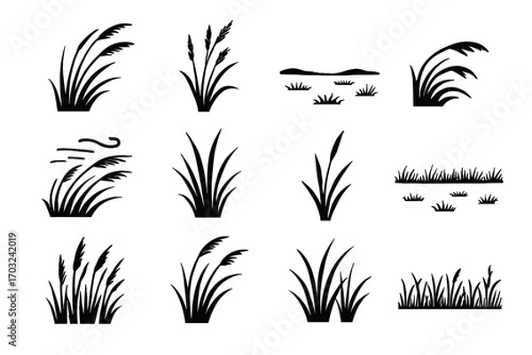 Obraz Vector wide breeze tuft bending dense icons isolated grass plain icon scene