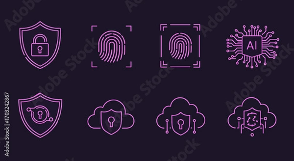 Fototapeta A modern set of neon line art icons representing concepts of cybersecurity, biometrics, artificial intelligence, and secure cloud computing