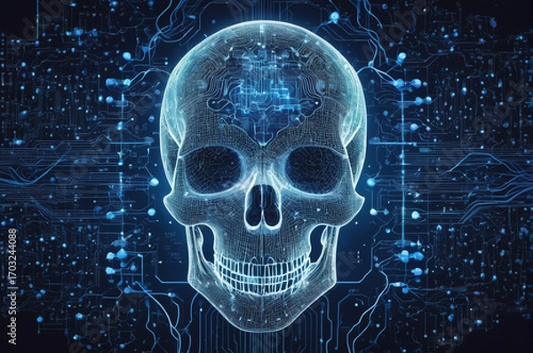 Fototapeta Neon Cyber Skull Circuit. Generative AI.