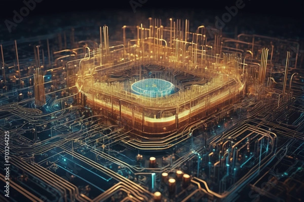 Fototapeta Golden Quantum Processor. Generative AI.