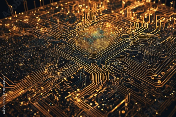 Fototapeta Golden Circuit Processor. Generative AI.