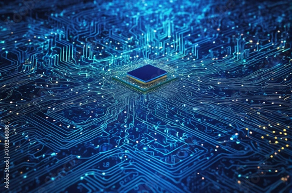 Fototapeta Futuristic Microchip on Digital Circuit Board. Generative AI. 