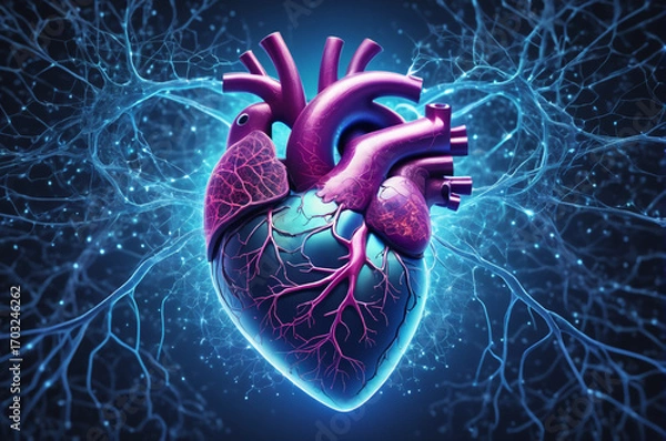 Fototapeta Neon Cybernetic Heart. Generative AI.