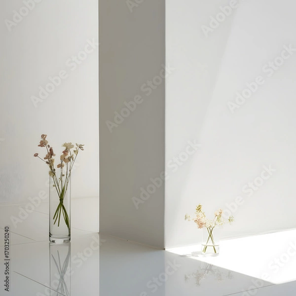 Fototapeta Serene minimalist interior scene with delicate flowers in glass vases illuminated by soft natural light on polished floor