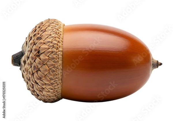Fototapeta Single natural oak acorn with textured cap isolated on clean detailed macro photography isolated on transparent background