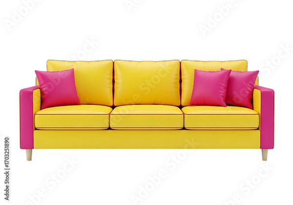 Fototapeta Vibrant yellow and pink three-seater sofa with plush cushions perfect for modern living rooms isolated on transparent background