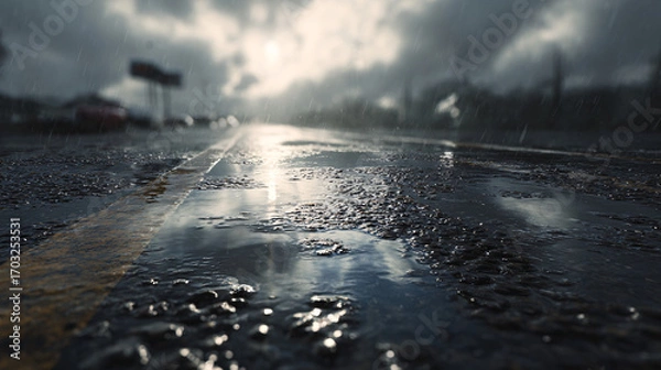 Fototapeta moody urban street covered in thin puddles, smooth wet asphalt reflecting cloudy sky, minimalist stormy day setting with lots of blank space