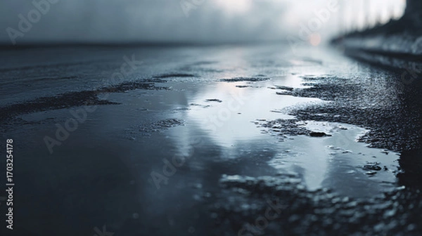 Fototapeta wet empty road surface with soft puddles reflecting dull grey sky, subtle textures and reflections, minimalist rainy atmosphere with ample negative space