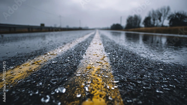 Fototapeta wide view of damp asphalt road with rainwater reflections and overcast tone, clean desaturated mood, minimalist wet weather background with negative space