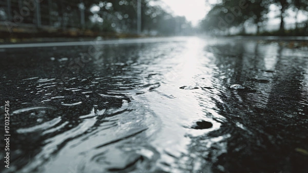Fototapeta wide view of damp asphalt road with rainwater reflections and overcast tone, clean desaturated mood, minimalist wet weather background with negative space