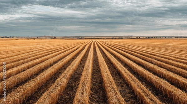 Fototapeta expansive farmland with neat golden crop stubble rows under pale cloudy sky, clean rural post-harvest landscape with ample blank space