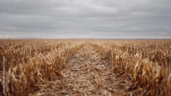 Fototapeta flat harvested field with rows of dry stalk remains stretching far back, muted overcast sky above, minimalist agricultural autumn scene with lots of negative space