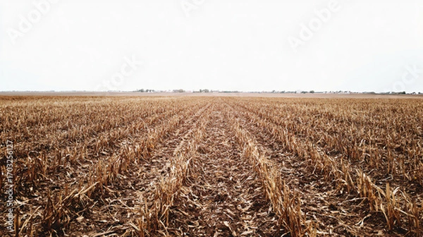 Fototapeta flat harvested field with rows of dry stalk remains stretching far back, muted overcast sky above, minimalist agricultural autumn scene with lots of negative space
