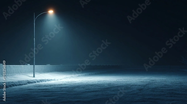 Fototapeta empty snow-covered street at night with subtle glow from a single lamp post, dark sky above, minimalist cold city night scene with blank space
