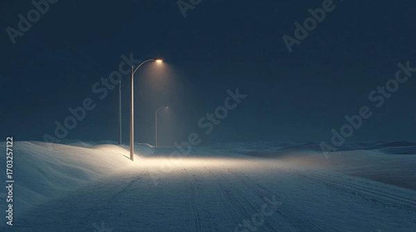 Fototapeta empty snow-covered street at night with subtle glow from a single lamp post, dark sky above, minimalist cold city night scene with blank space