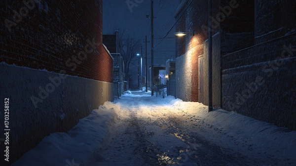Fototapeta silent urban alley blanketed in snow, one warm light casting faint glow on frosty ground, clean minimal winter atmosphere with lots of negative space
