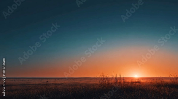 Fototapeta empty grassland stretching to horizon with rich orange sunset light, subtle color gradient in clear sky, minimalist evening landscape with lots of blank space