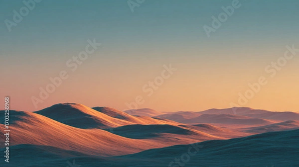 Fototapeta expansive field bathed in soft warm sunset tones, clear sky with smooth gradient, clean minimal summer twilight composition with negative space