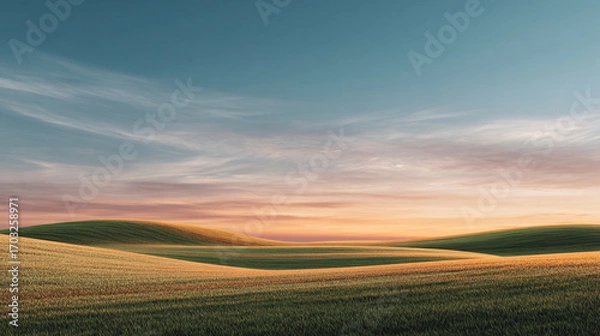 Fototapeta expansive field bathed in soft warm sunset tones, clear sky with smooth gradient, clean minimal summer twilight composition with negative space