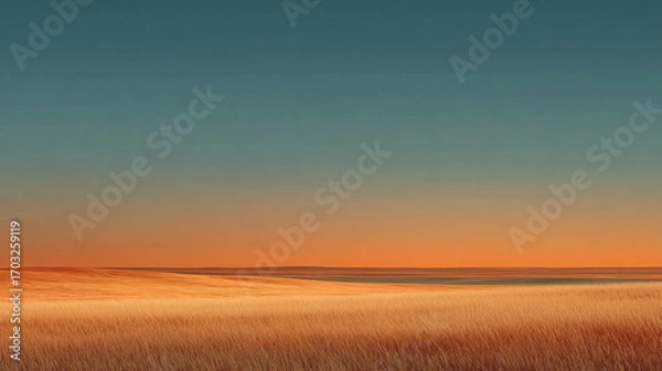 Fototapeta wide open field with warm orange glow at sunset, smooth clear sky transitioning from orange to pale blue, minimalist summer dusk scene with ample negative space
