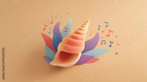 Obraz Seashell horn with musical notes on beige background