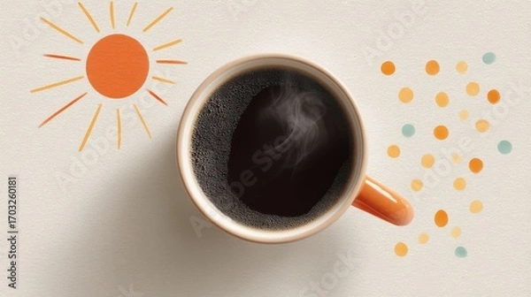 Fototapeta Coffee cup with steaming coffee, sun and dots on neutral background