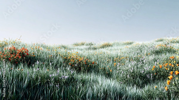 Fototapeta A serene meadow bathed in soft light, with lush green grass dotted with vibrant wildflowers under a clear, pale blue sky.