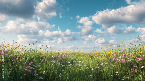 Fototapeta A vibrant meadow scene under a bright blue sky filled with fluffy white clouds and colorful wildflowers.