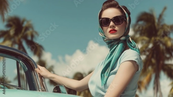 Fototapeta Retro woman in vintage style with car and palm trees
