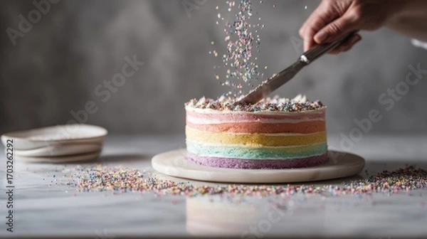 Fototapeta A woman slicing a rainbow layer cake