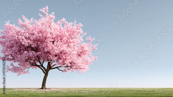 Fototapeta A vibrant cherry blossom tree in full bloom stands against a clear, pale blue sky, on a grassy field.