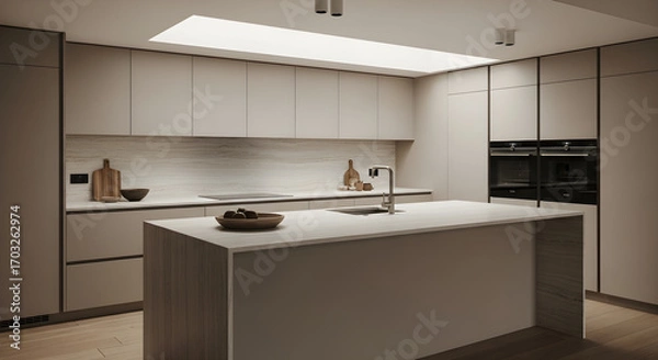 Fototapeta A modern, minimalist kitchen with a large island and integrated appliances, illuminated by a skylight.