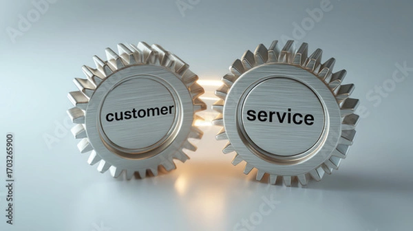 Obraz Two metallic gears interlock, labeled "customer" and "service," symbolizing the connection and collaboration essential for effective customer service operations
