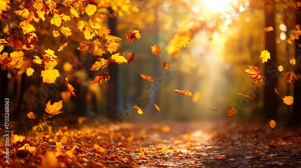 Fototapeta Autumn leaves in vibrant orange and yellow fall gently through a sunlit forest path, creating a warm and serene seasonal atmosphere