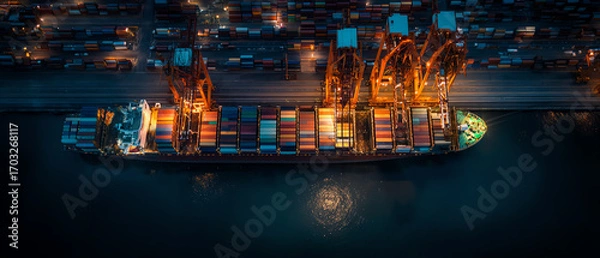 Obraz Aerial view of a large cargo ship docked at a port at night, illuminated by orange lights, with numerous shipping containers and cranes visible along the quay