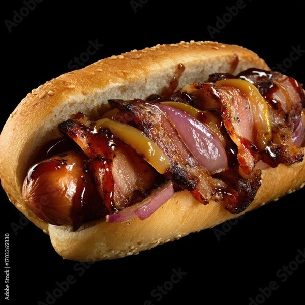 Fototapeta Loaded hot dog on a sesame seed bun, topped with bacon, BBQ sauce, onion, and cheese