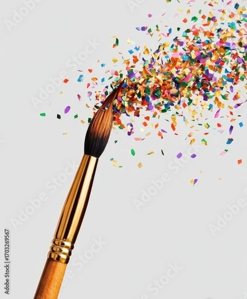 Fototapeta Paintbrush with colorful confetti explosion