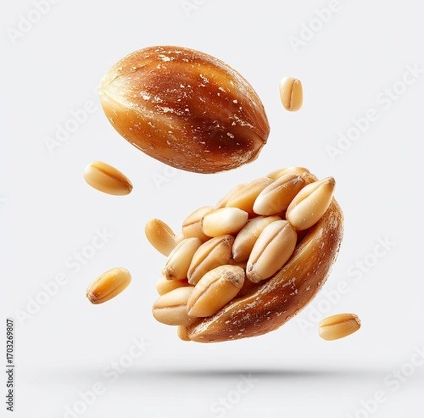 Fototapeta Two halves of a wheat kernel,  seeds floating