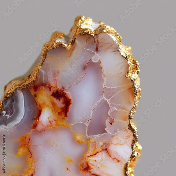 Fototapeta Detailed close-up of a golden-edged,  multicolored agate slice