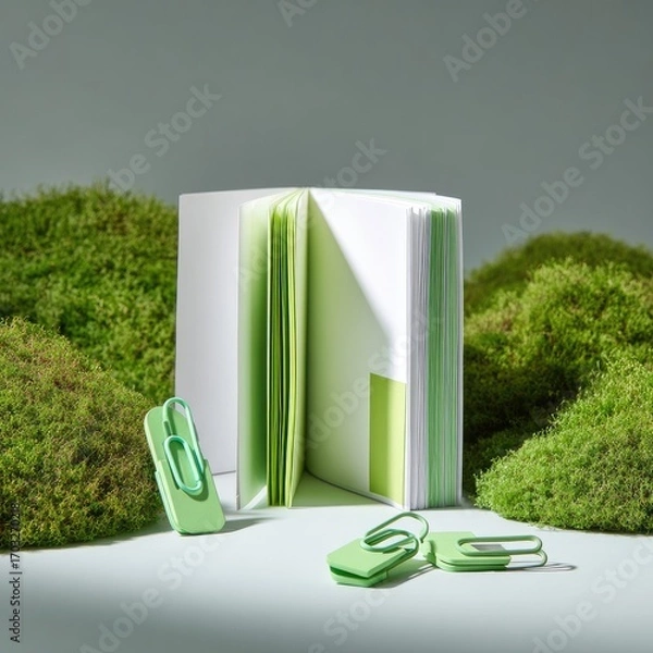 Fototapeta Open notebook, mint green clips, moss backdrop