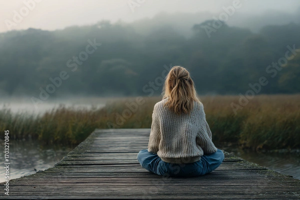 Obraz A woman sits cross-legged on a wooden dock overlooking a misty lake surrounded by tall grass and forested hills in a serene, foggy morning atmosphere