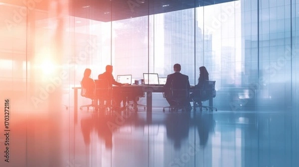 Fototapeta A team of professionals collaborating in an office space on business compliance and quality assurance tasks, soft-focus background