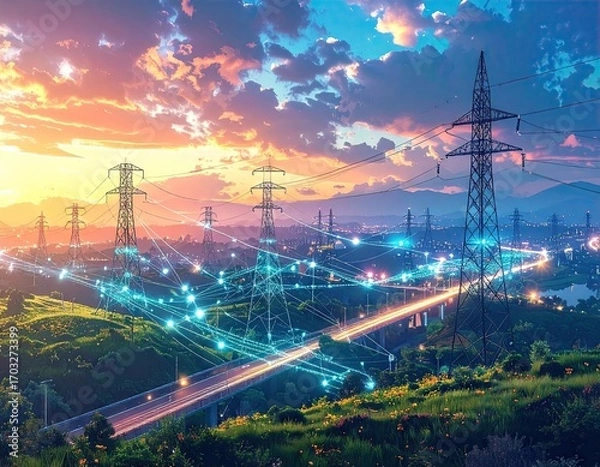 Obraz Vibrant Sunset Over Cityscape with Power Lines