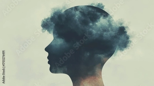 Fototapeta A thought bubble filled with dark, stormy clouds, emerging from a head in a simple line drawing,  on blurred background
