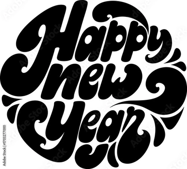 Fototapeta Happy New Year Celebration Round Drawn Logo Typographic Vector Design Artwork