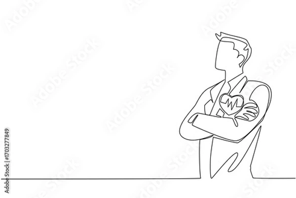 Fototapeta Continuous one line drawing man in suit and tie crossed his arms. Healthy workers benefit many parties. Staff. National Employee Health and Fitness Day. Single line draw design vector illustration